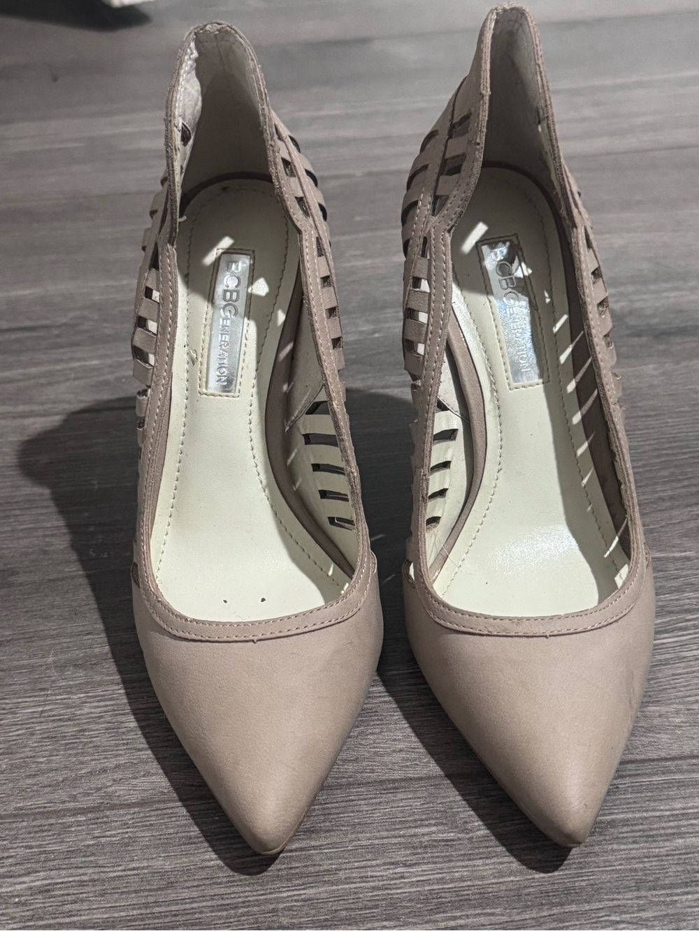 BCBGeneration Taupe Pointed-Toe Cutout Pumps